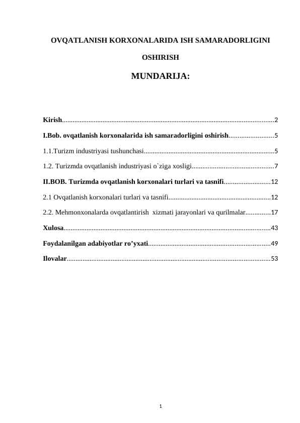 OVQATLANISH KORXONALARIDA ISH SAMARADORLIGINI OSHIRISH