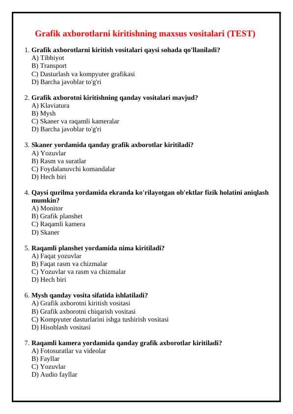 Grafik axborotlarni kiritishning maxsus vositalari (TEST)