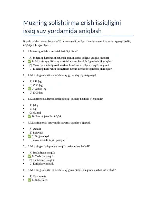 Muzning solishtirma erish issiqligini issiq suv yordamida aniqlash