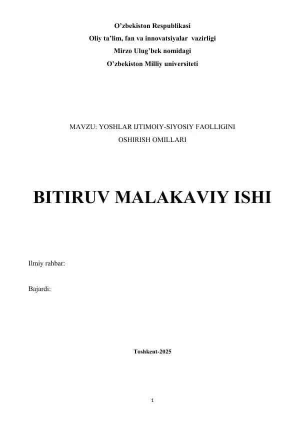 YOSHLAR IJTIMOIY-SIYOSIY FAOLLIGINI OSHIRISH OMILLARI