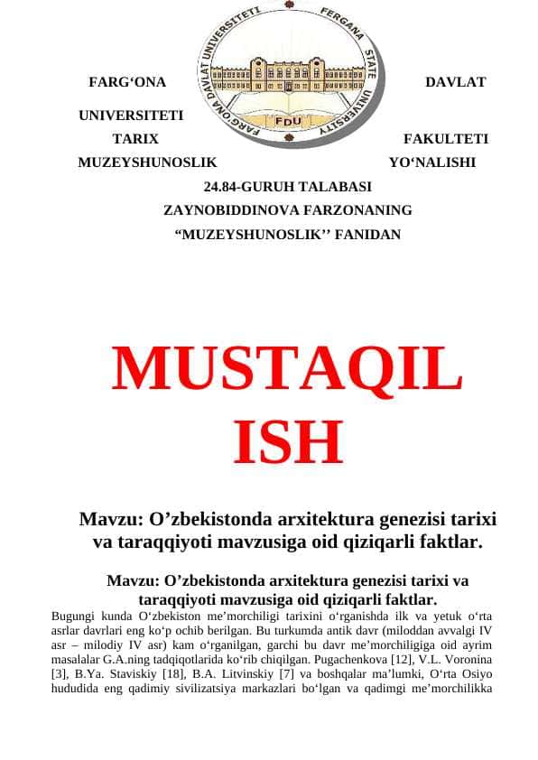 Oʻzbekistonda arxitektura genezisi tarixi va tarqqiyoti