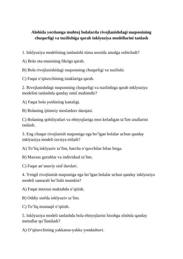 Alohida yordamga muhtoj bolalarda rivojlanishdagi nuqsonining chuqurligi va tuzilishiga qarab inklyuziya modellarini tanlash