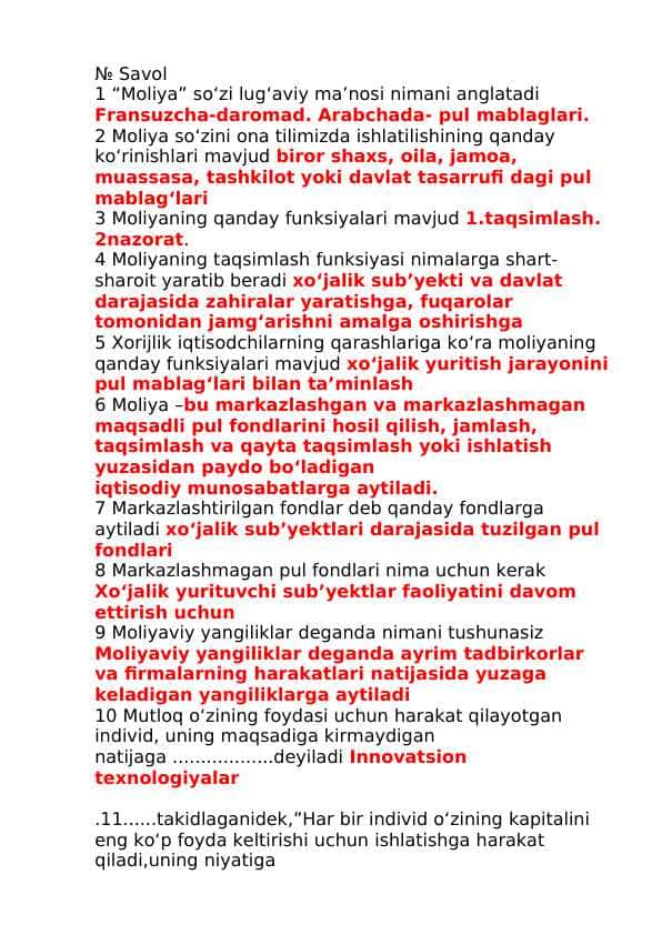 Moliya yakuniy test savollari va javoblari