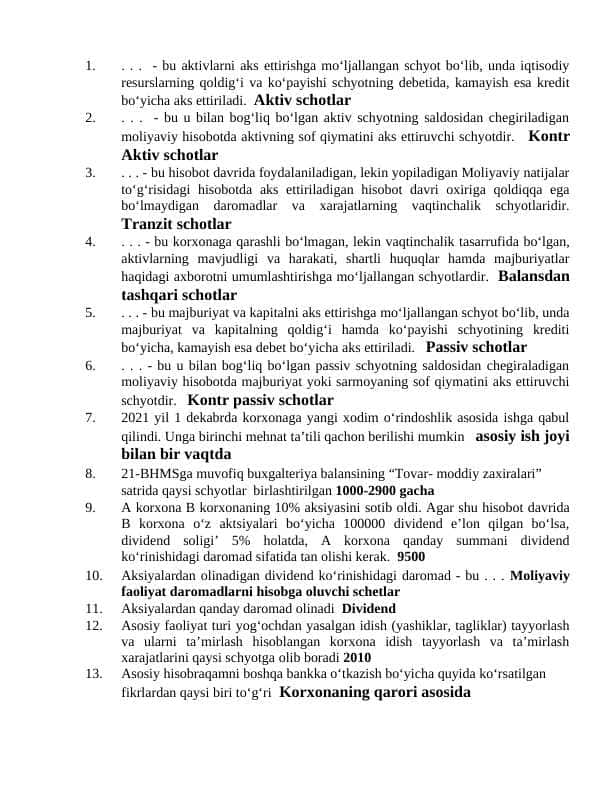 Bugalteriya test savollari va javoblari bilan yakuniy