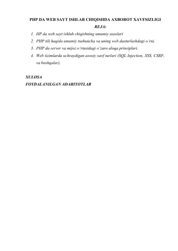 PHP DA WEB SAYT ISHLAB CHIQISHDA AXBOROT XAVFSIZLIGI