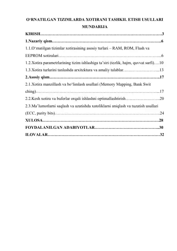 O‘RNATILGAN TIZIMLARDA XOTIRANI TASHKIL ETISH USULLARI