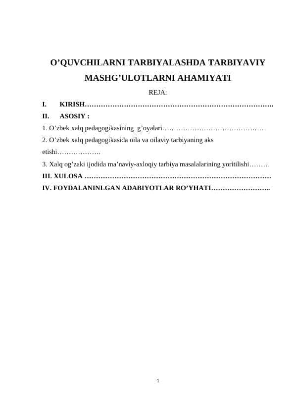 OʻQUVCHILARNI TARBIYALASHDA TARBIYAVIY MASHGʻULOTLARNI AHAMIYATI