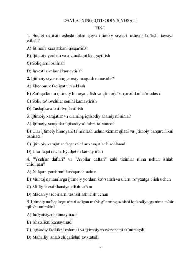 DAVLATNING IQTISODIY SIYOSATI