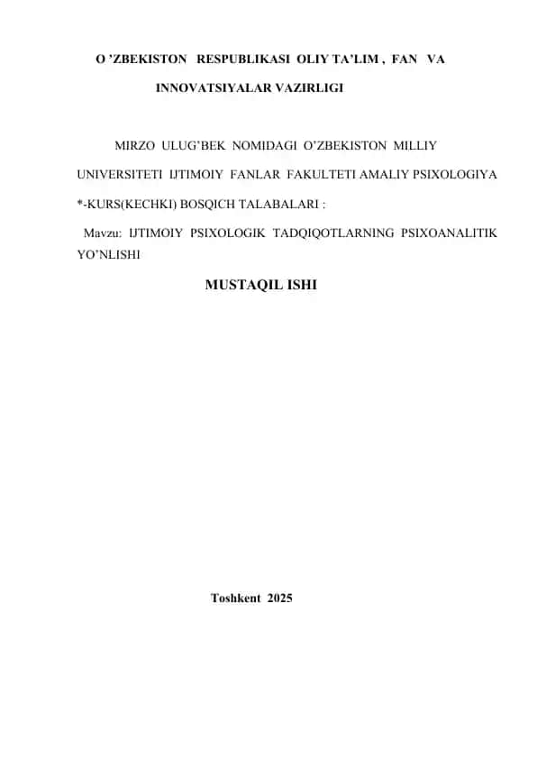 IJTIMOIY – PSIXOLOGIK TADQIQOTLARNING PSIXOANALITIK YO’NLISHI
