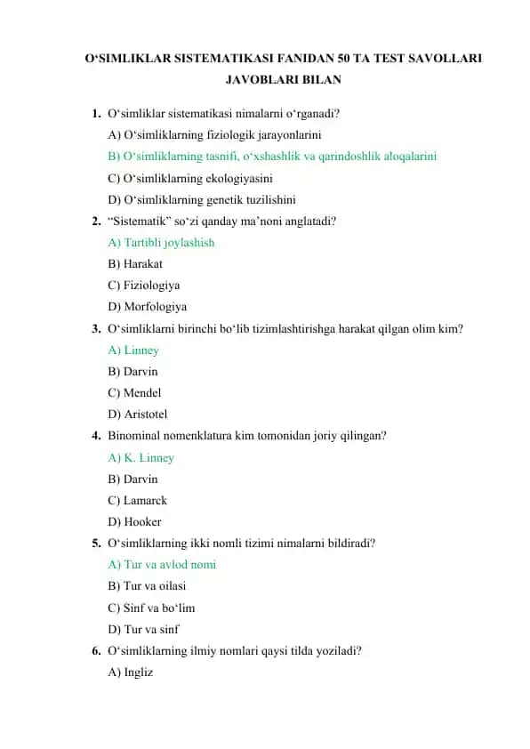 O‘SIMLIKLAR SISTEMATIKASI FANIDAN 50 TA TEST SAVOLLARI JAVOBLARI BILAN