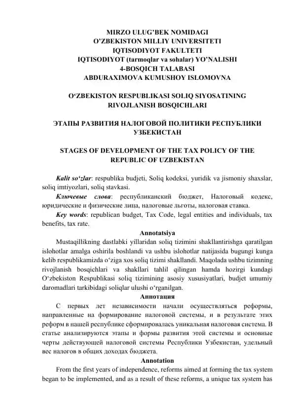 OʻZBEKISTON RESPUBLIKASI SOLIQ SIYOSATINING RIVOJLANISH BOSQICHLARI ЭТАПЫ РАЗВИТИЯ НАЛОГОВОЙ ПОЛИТ