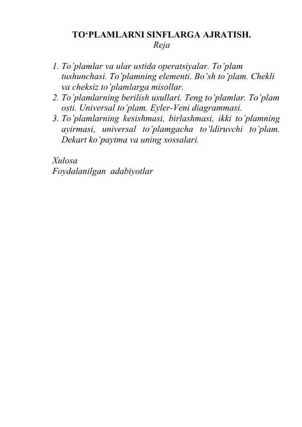 TO'PLAMLARNI SINFLARGA AJRATISH