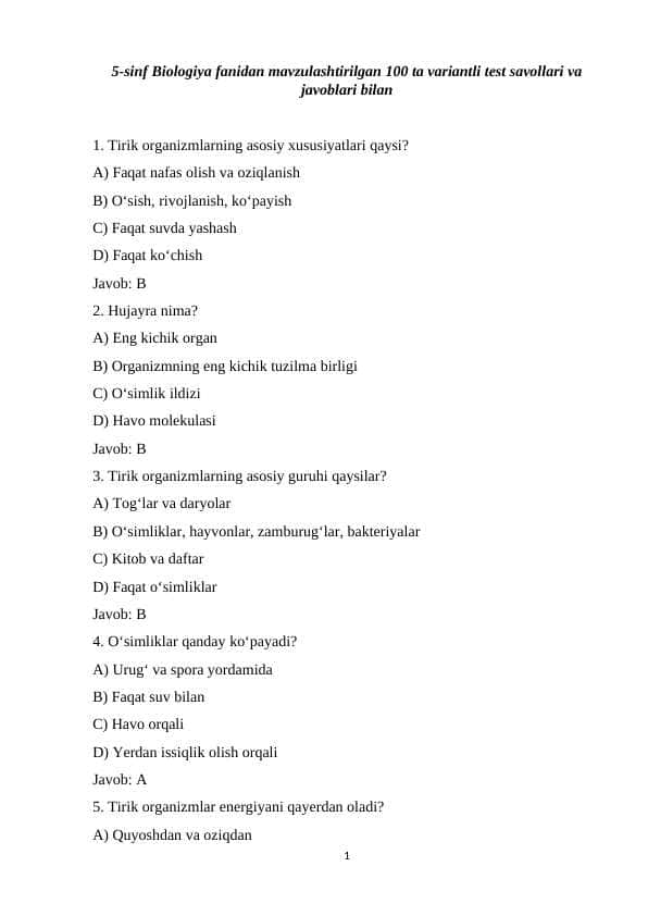 5-sinf Botanika fanidan mavzulashtirilgan 100 ta variantli test savollari va javoblari bilan.docx
