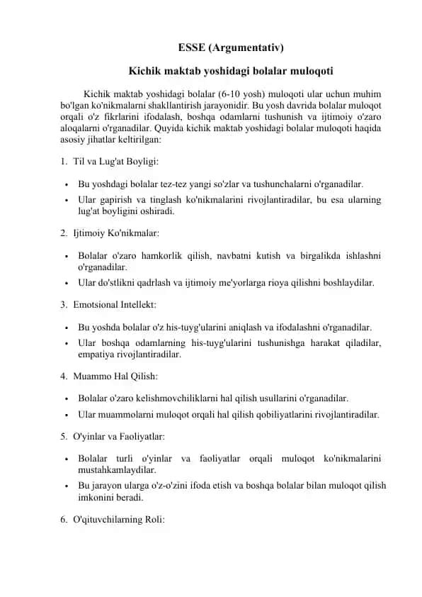 Kichik maktab yoshidagi bolalar muloqoti