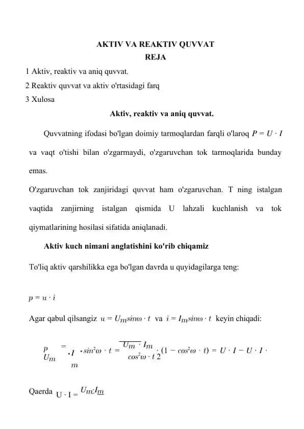 Aktiv va reaktiv quvvat.