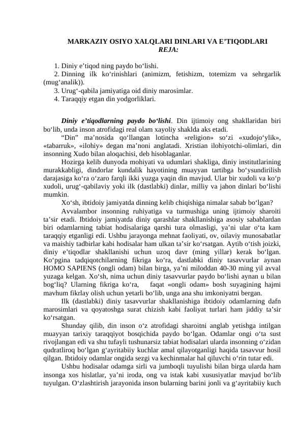 MARKAZIY OSIYO XALQLARI DINLARI VA E’TIQODLARI