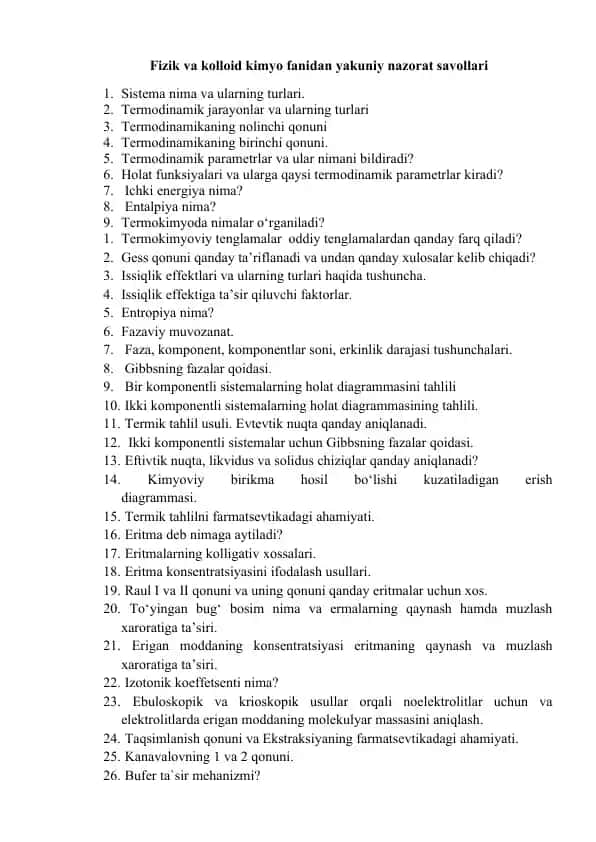Fizik va kolloid kimyo fanidan yakuniy nazorat savollari