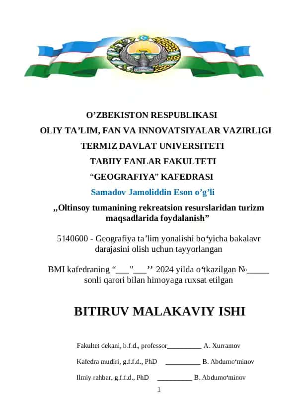 Oltinsoy tumanidagi rekroatsion resurslardan turizm maqsadlarida foydalanish