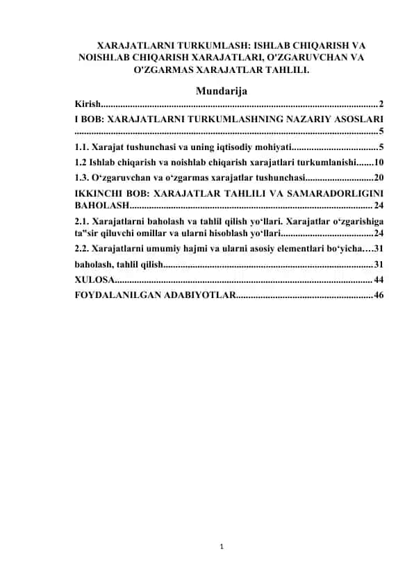 XARAJATLARNI TURKUMLASH ISHLAB CHIQARISH VA NOISHLAB CHIQARISH XARAJATLARI