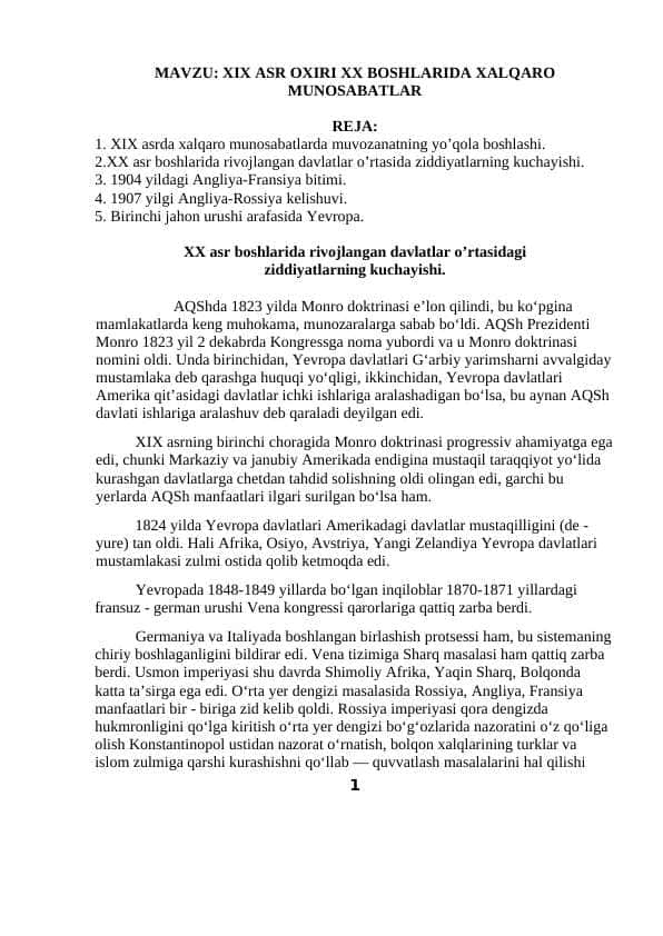 XIX ASR OXIRI XX BOSHLARIDA XALQARO MUNOSABATLAR