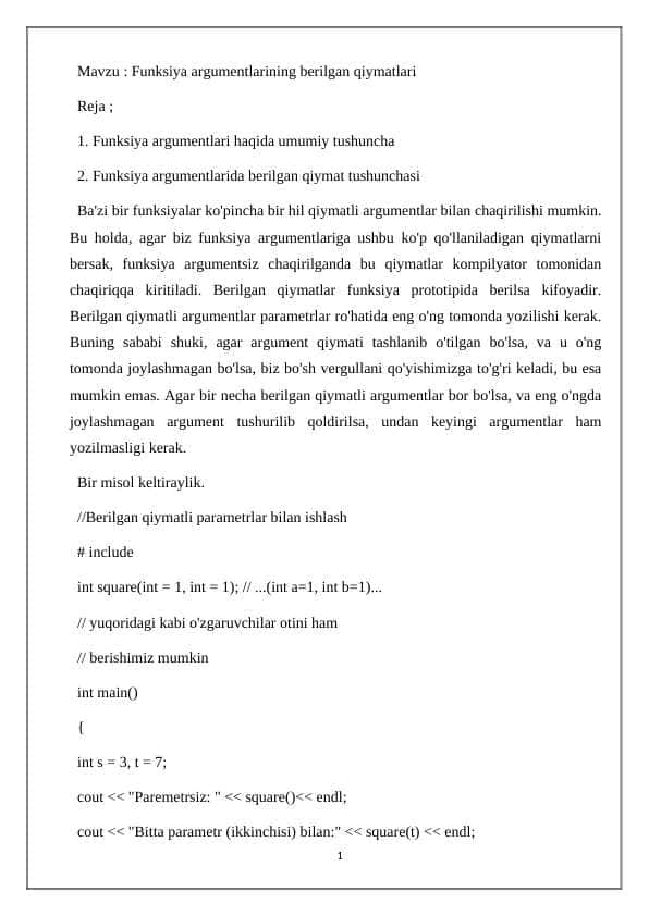 Funksiya argumentlarining berilgan qiymatlari