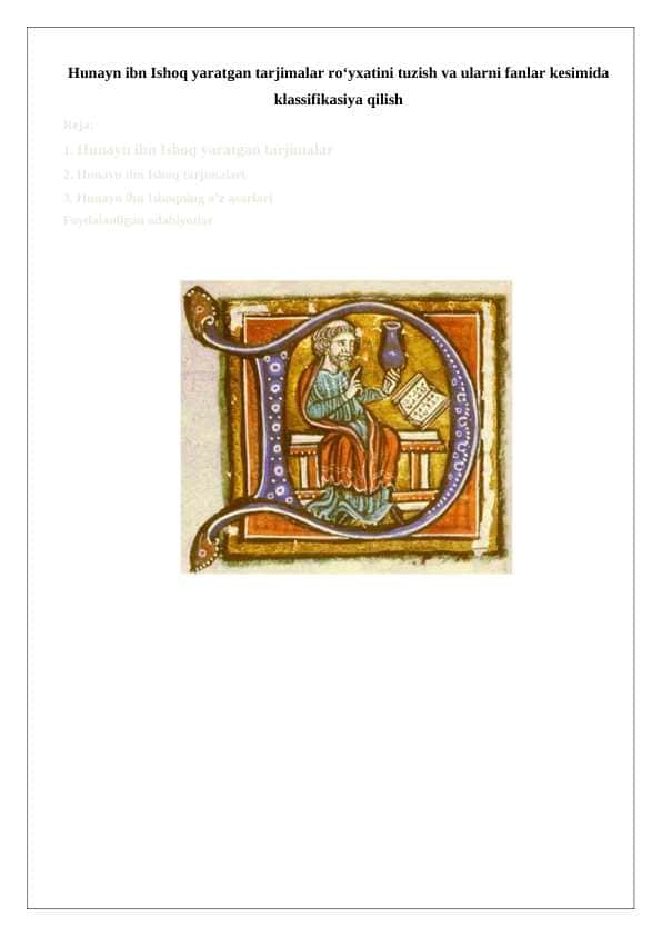 Hunayn ibn Ishoq yaratgan tarjimalar roʻyxatini tuzish va ularni fanlar kesimida klassifikasiya qilish