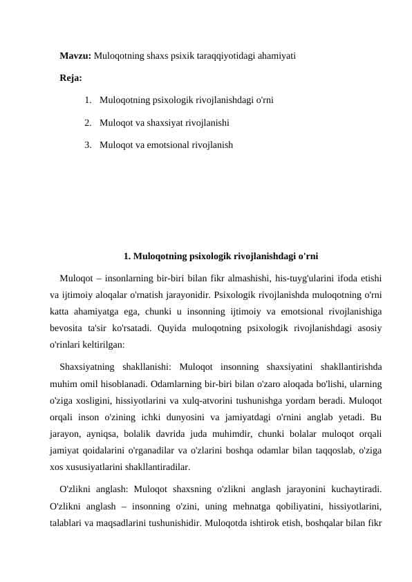 Muloqotning shaxs psixik taraqqiyotidagi ahamiyati