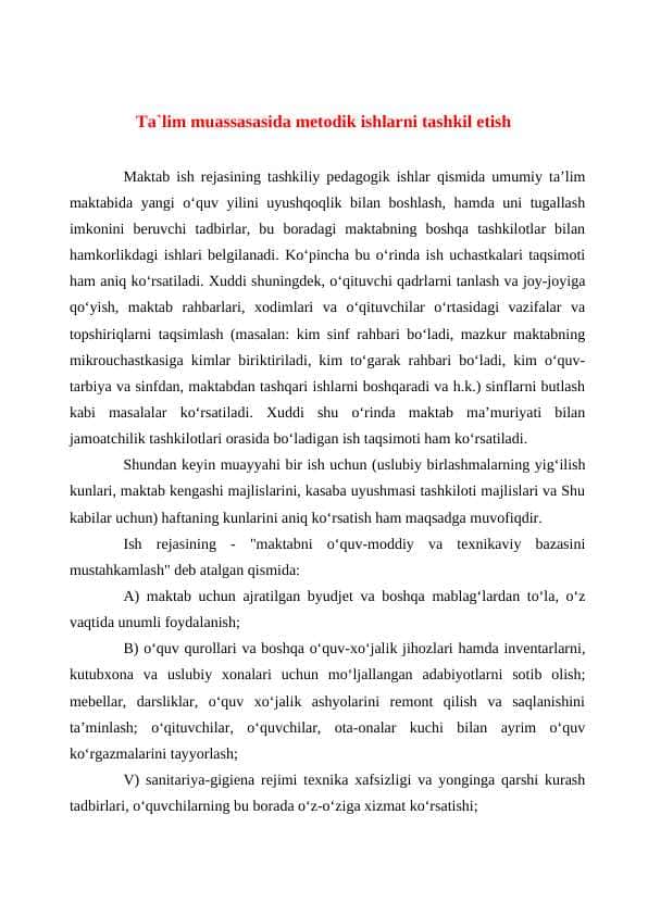 Ta`lim muassasasida metodik ishlarni tashkil etish