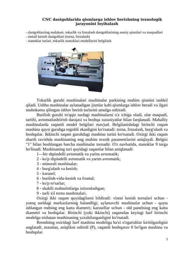 CNC dastgohlarida qismlarga ishlov berishning texnologik jarayonini loyihalash