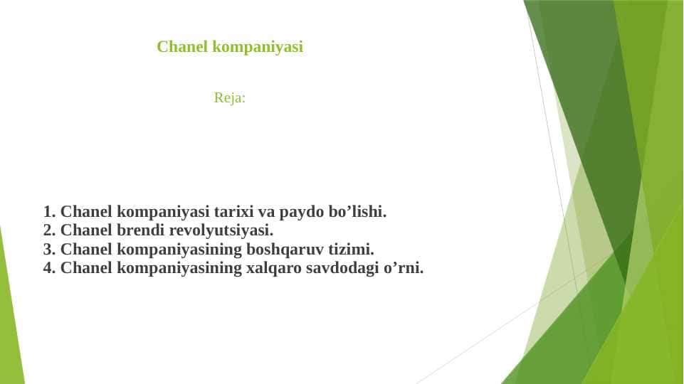 Chanel kompaniyasi tarixi va moda olamiga kirishi pptx