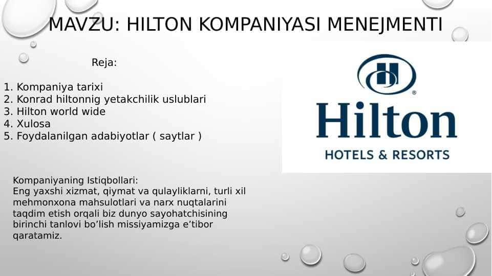 hilton kompaniyasi boshqaruvi pptx