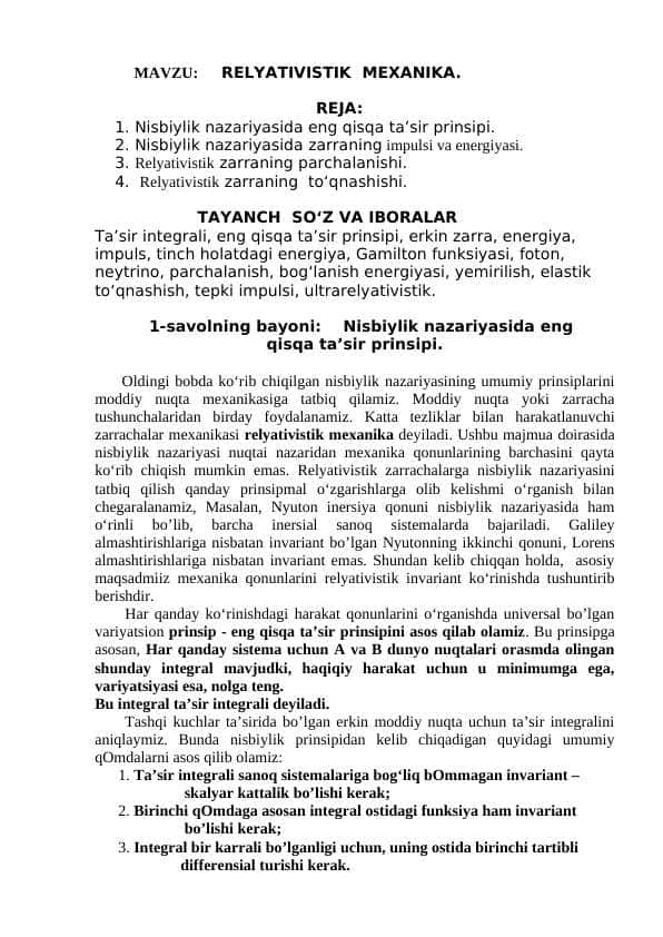 RELYATIVISTIK MEXANIKA