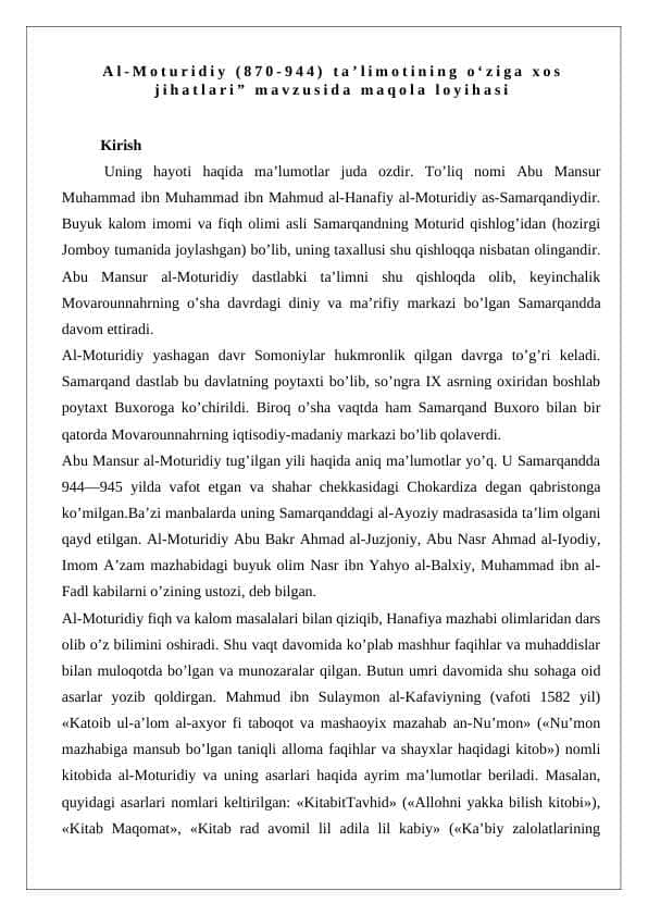 Al-Moturidiy (870-944) ta’limotining oʻziga xos jihatlari” mavzusida maqola loyihasi 24.2