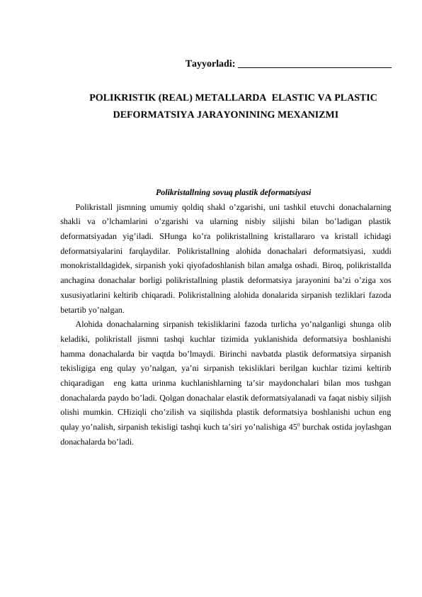 POLIKRISTIK (REAL) METALLARDA ELASTIC VA PLASTIC DEFORMATSIYA JARAYONINING MEXANIZMI
