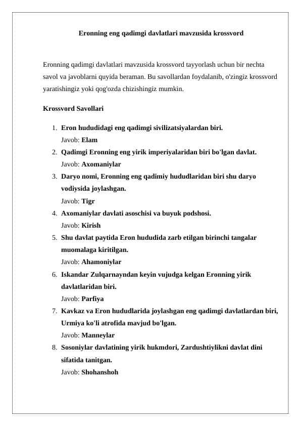 Eronning eng qadimgi davlatlari mavzusida krossvord 24