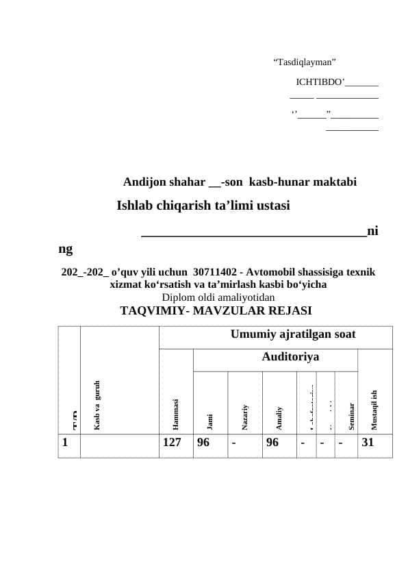 Avtomobil shassisiga texnik xizmat ko‘rsatish va ta’mirlash kasbi bo‘yicha diplom oldi amaliyot