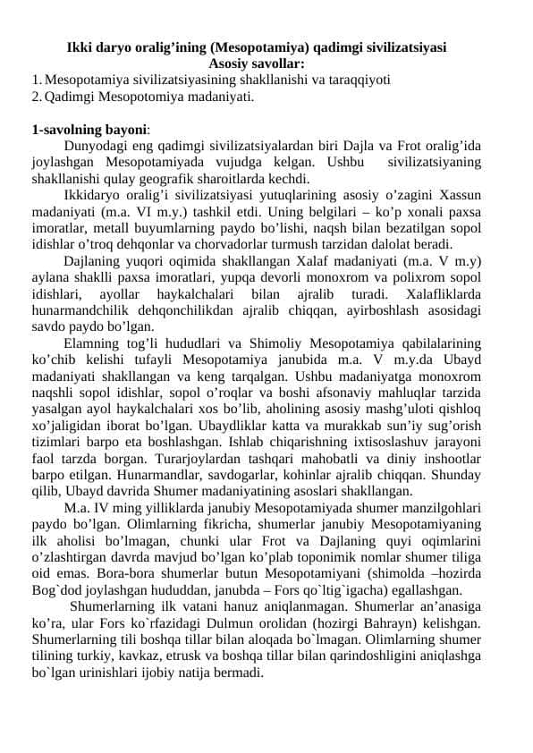 Ikki daryo oralig’ining (Mesopotamiya) qadimgi sivilizatsiyasi 24