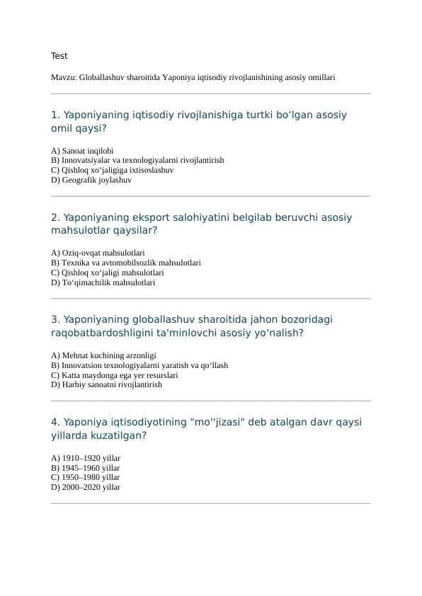 Mavzu: Globallashuv sharoitida Yaponiya iqtisodiy rivojlanishining asosiy omillari