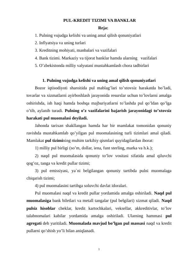 Pul-kredit tizimi va Banklar