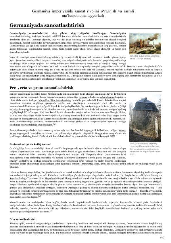 Germaniya imperiyasida sanoat rivojini oʻrganish va rasmli