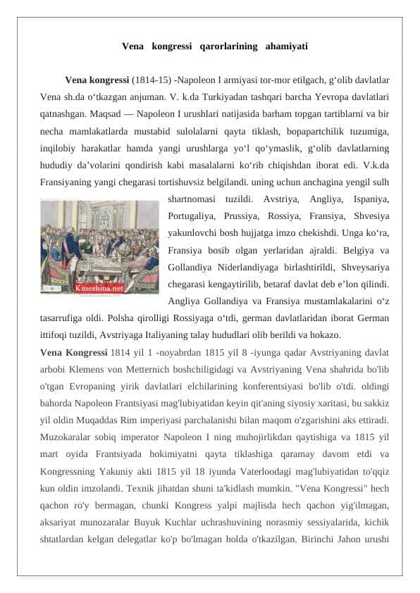 Vena kongressi qarorlarining ahamiyati