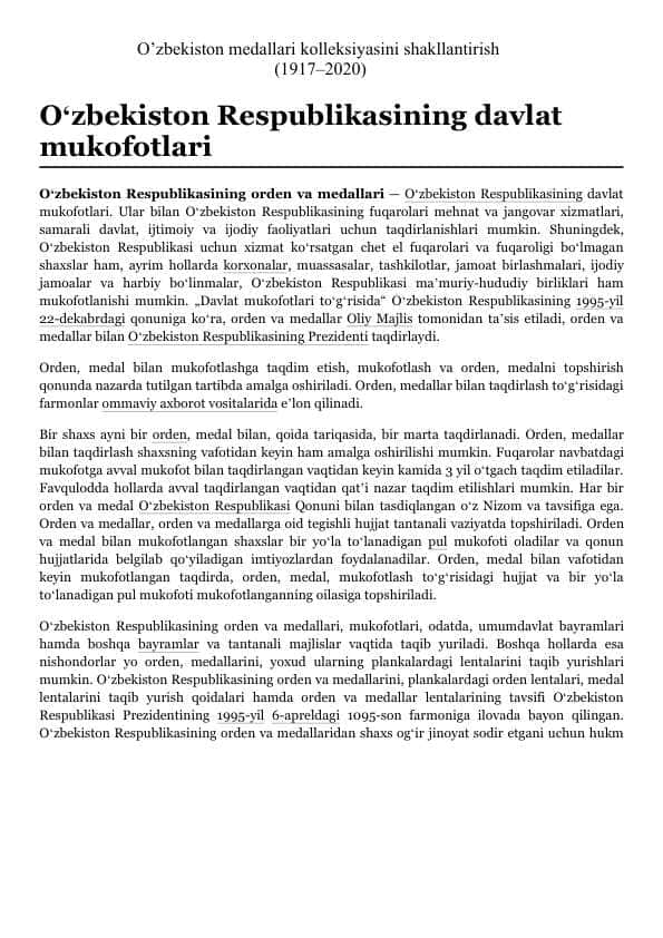 O’zbekiston medallari kolleksiyasini shakllantirish (1917–2020)