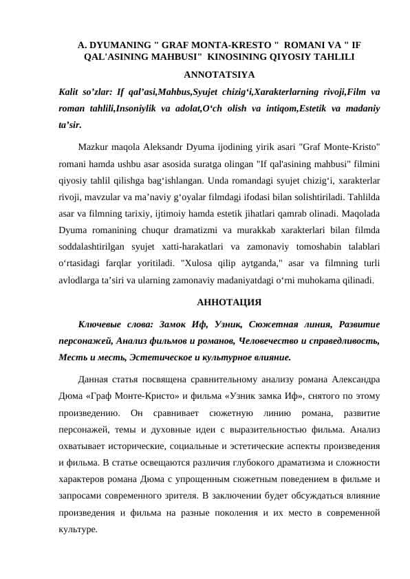A. DYUMANING " GRAF MONTA-KRESTO " ROMANI VA " IF QAL'ASINING MAHBUSI" KINOSINING QIYOSIY TAHLILI