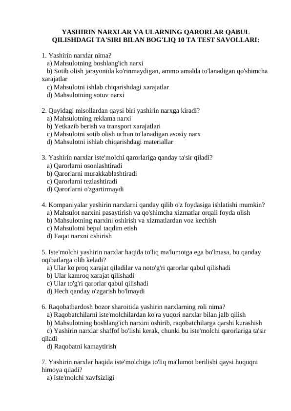 YASHIRIN NARXLAR VA ULARNING QARORLAR QABUL QILISHDAGI TA'SIRI BILAN BOG'LIQ 10 TA TEST SAVOLLARI