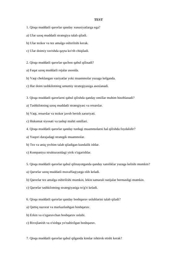 Qisqa muddatli qarorlarni qabul qilishni test