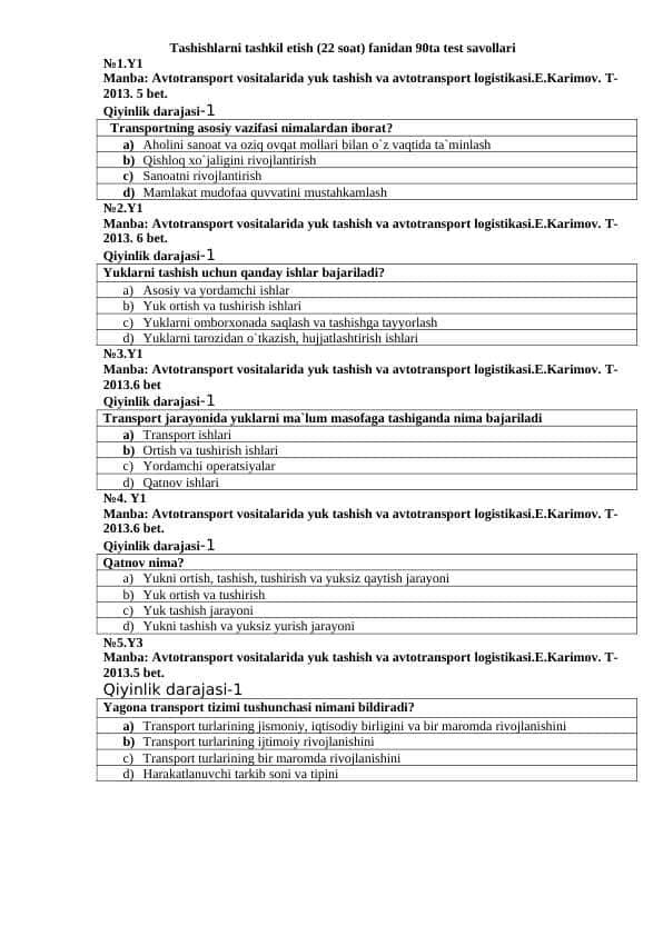 Tashishlarni tashkil etish (22 soat) fanidan 90ta test savollari
