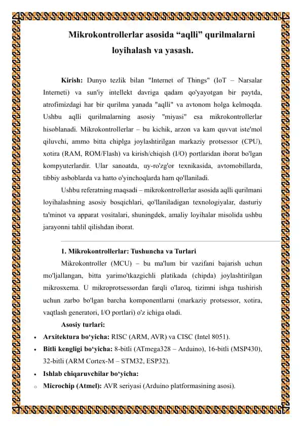 referat Mikrokontrollerlar asosida “aqlli” qurilmalarni