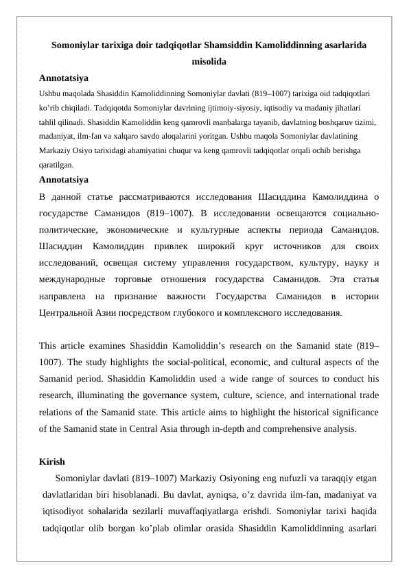 Somoniylar tarixiga doir tadqiqotlar Shamsiddin Kamoliddinning asarlarida misolida 24