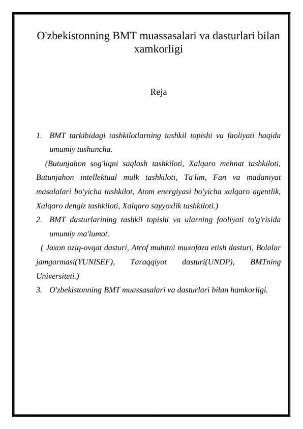 O'zbekistonning BMT muassasalari va dasturlari bilan xamkorligi