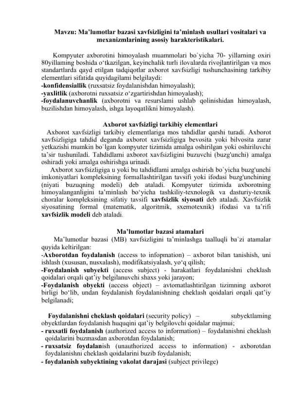 Ma’lumotlar bazasi xavfsizligini ta’minlash usullari vositalari va mexanizmlarining